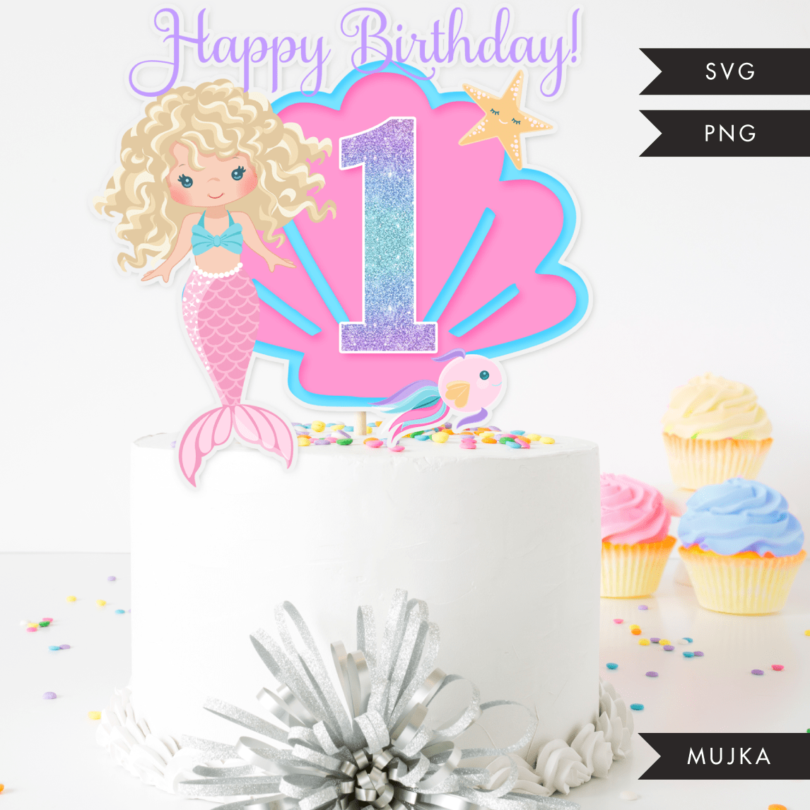 Mermaid Birthday Numbers Cake toppers SVG, PNG cutting files and clipart. Blonde curly Rainbow mermaid graphics for Cricut, Silhouette