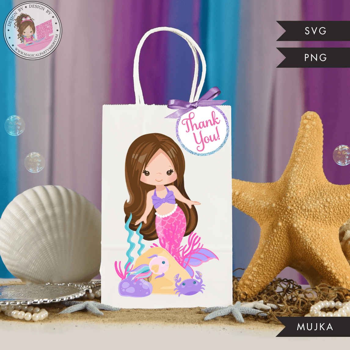 Mermaid Birthday Gift bag and Thank you tags SVG, PNG cutting and print files. Brunette Rainbow mermaid graphics for Cricut, Silhouette