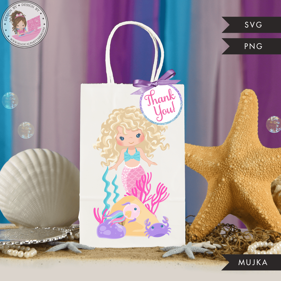 Mermaid Birthday Gift bag and Thank you tags SVG, PNG cutting and print files. Curly Blonde Rainbow mermaid graphics for Cricut, Silhouette