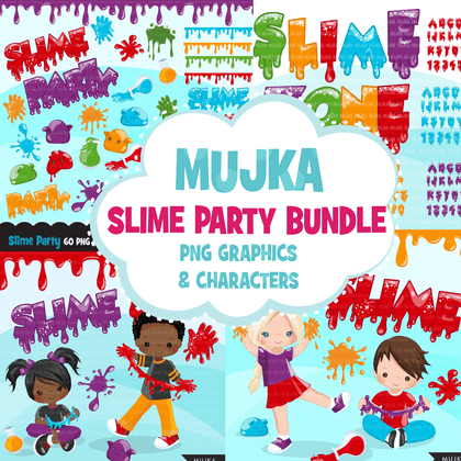 Slime Party clipart Bundle. Collection of cute slime elements, colorful dripping splashes backgrounds and boy girl characters