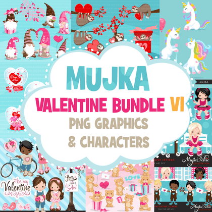 Valentine clipart Design Bundle V1, Cute celebration graphics, boys and girls, animals