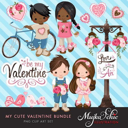 Valentine clipart Design Bundle V1, Cute celebration graphics, boys and girls, animals