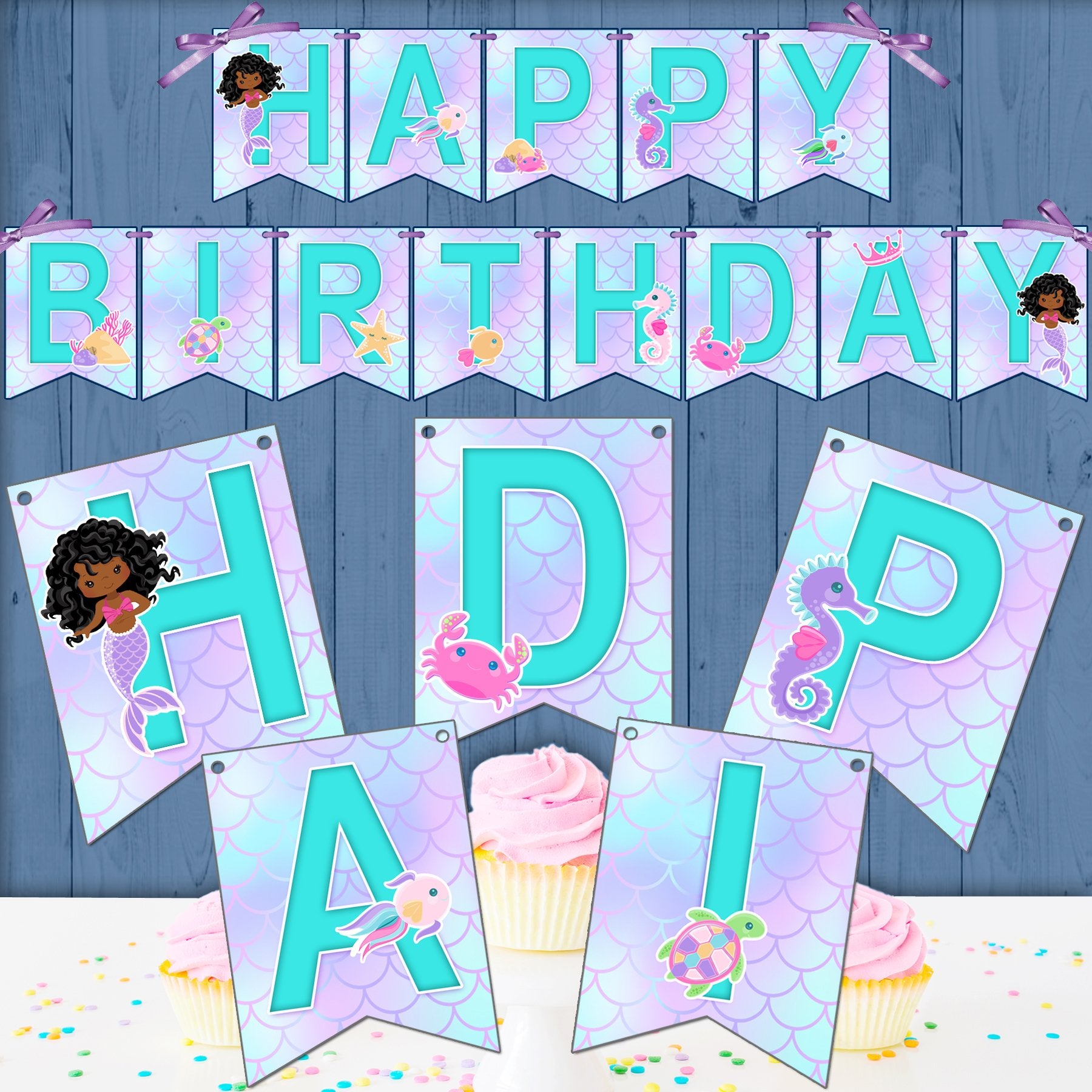 Mermaid Birthday Banner SVG, PNG cutting and print files. Curly afro Rainbow mermaid graphics for Cricut, Silhouette