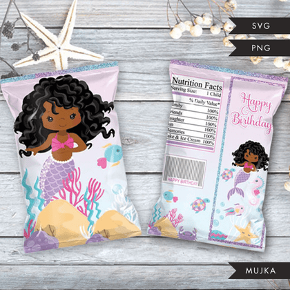 Mermaid Birthday Chip bag SVG, PNG cutting and print files. Black curly Rainbow mermaid graphics for Cricut, Silhouette