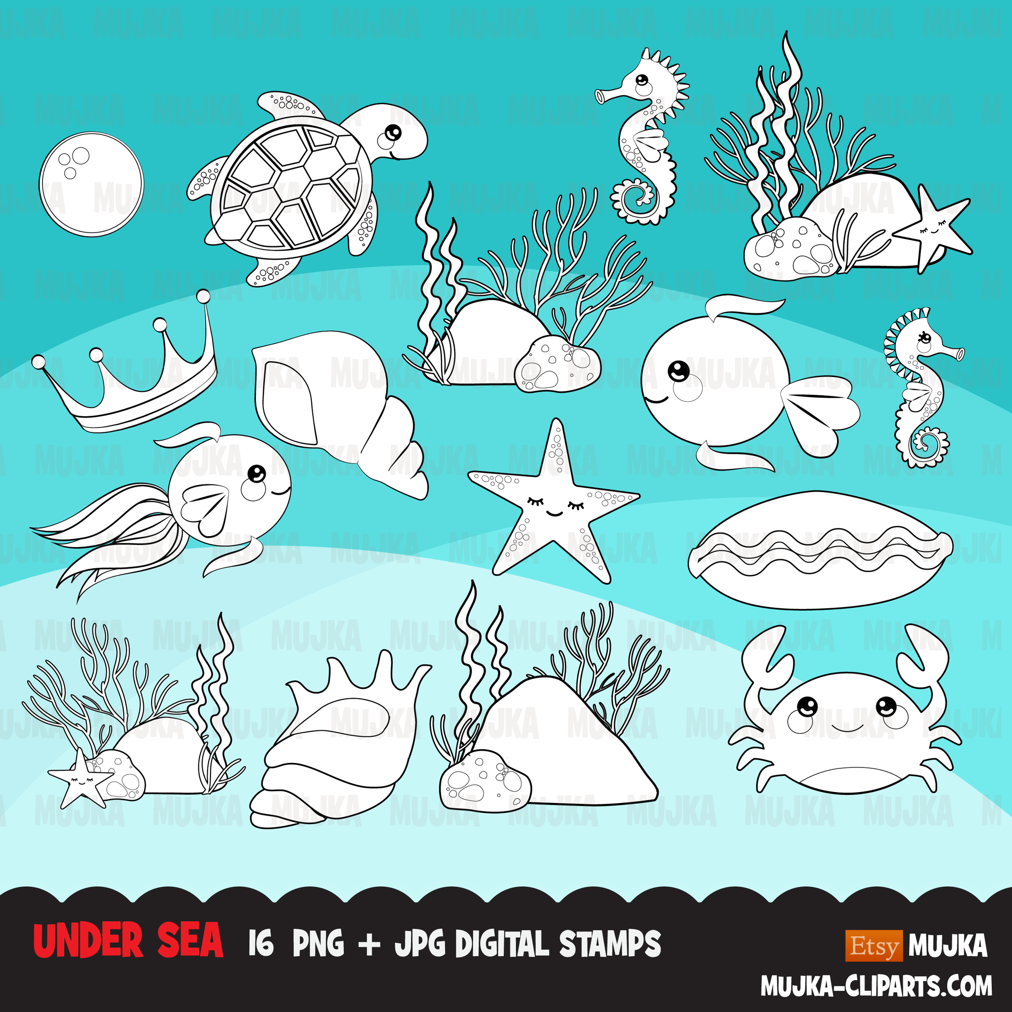 Paquete de imágenes prediseñadas de Las Sirenitas. Gráficos de sirena arcoiris. Submarino, coral, estrella de mar, pez, caballito de mar Chicas