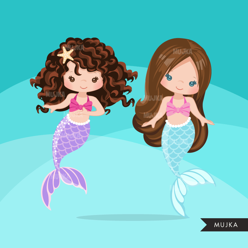 Little Mermaids clipart Bundle. Rainbow mermaid graphics. Undersea, coral, starfish, fish, seahorse Girls