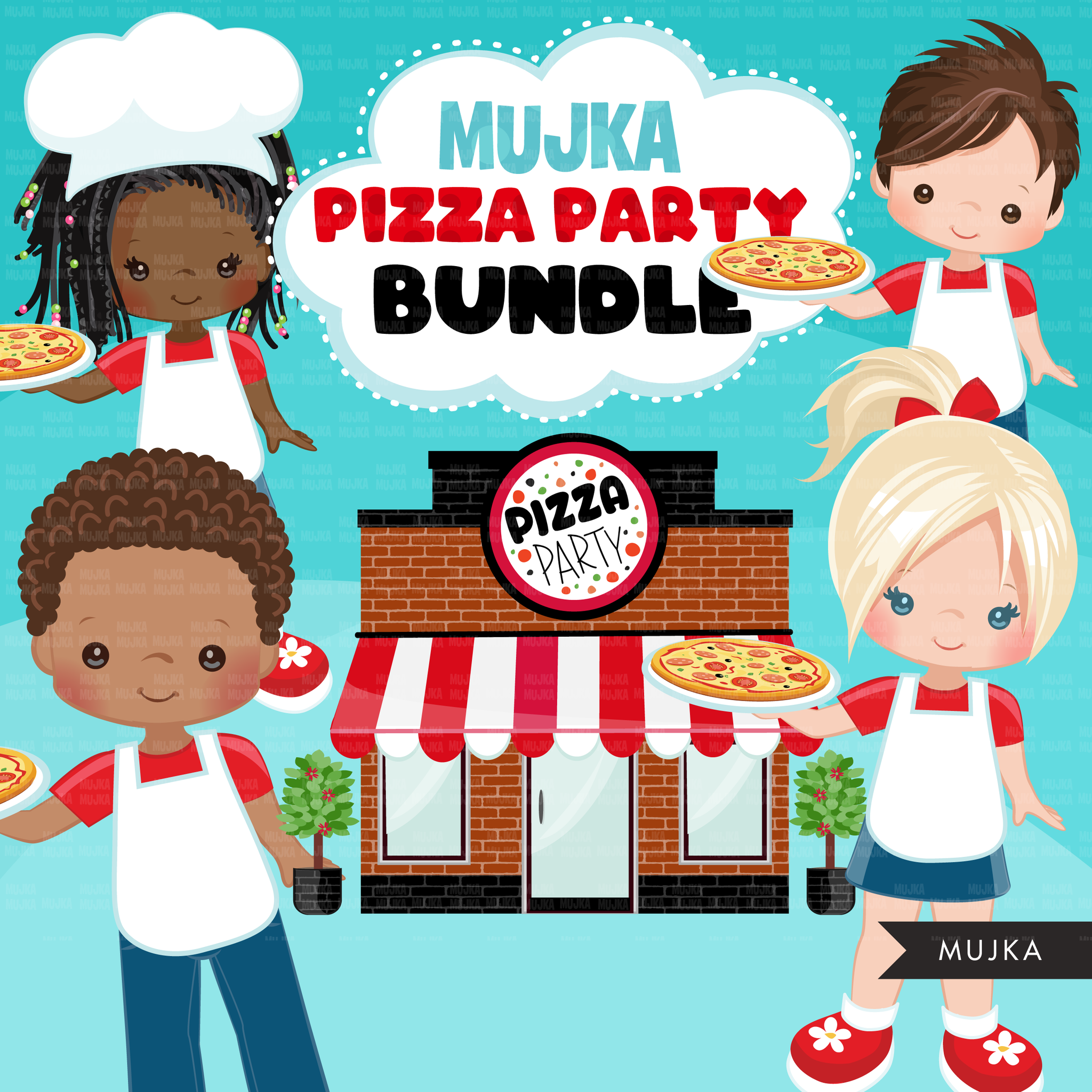 Paquete de imágenes prediseñadas de pizza, chef de pizza, diseños de sublimación de paquetes de pizzería descarga digital, cumpleaños de pizza png, niños de pizza, niño y niña negros