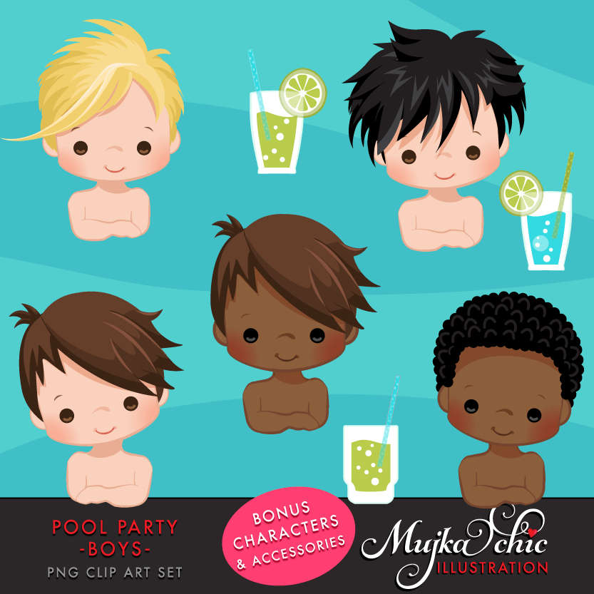 Pool Party clipart Bundle. Collection of cute backyard pool party, birthday graphics for boys and girls, summer