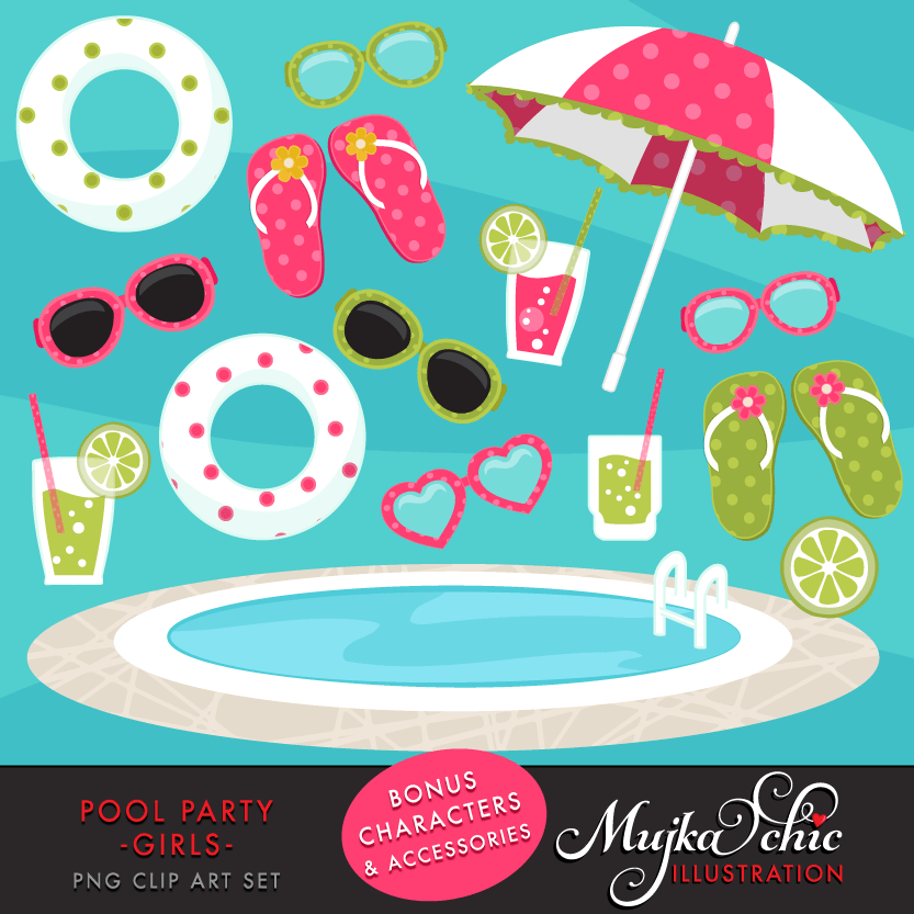 Pool Party clipart Bundle. Collection of cute backyard pool party, birthday graphics for boys and girls, summer