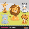 Safari clipart Bundle. Collection of safari animals, safari characters and graphics, lion, giraffe, hippo, zebra, monkey graphics