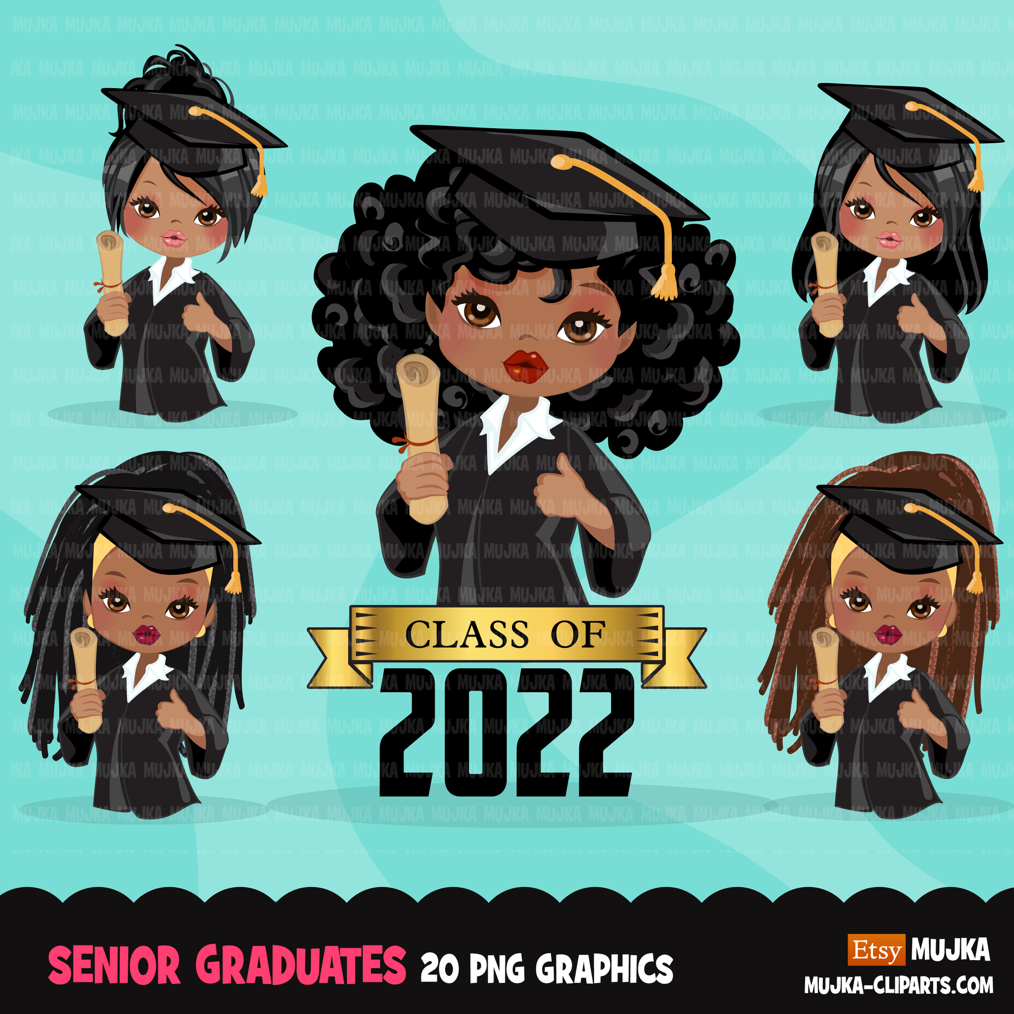 Graduation Clipart, senior black graduate girls with cape and scroll, school, student class of 2022 gold banner graphics, PNG clip art