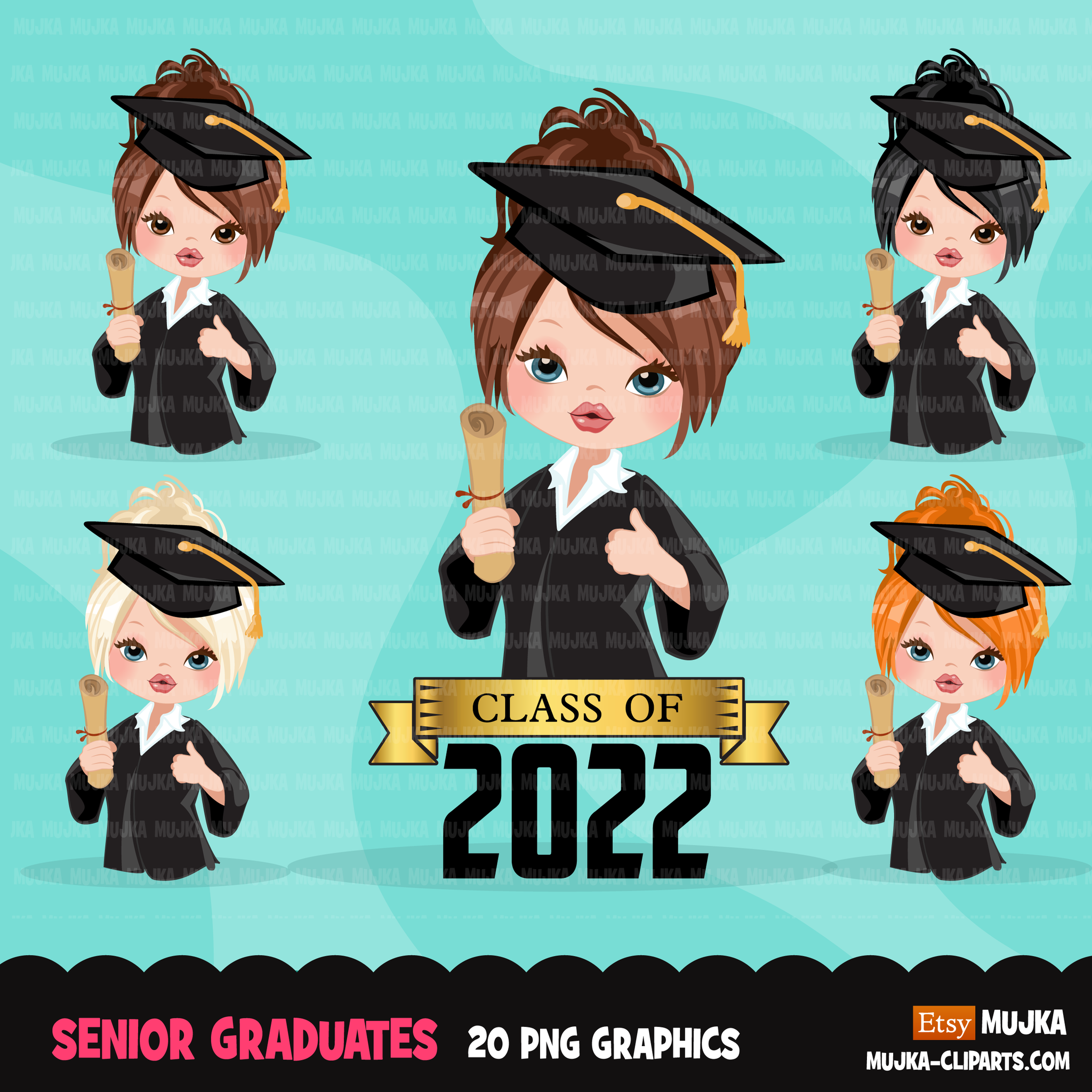 Graduation Clipart, senior graduate girls with cape and scroll, school, student class of 2022 gold banner graphics, PNG clip art