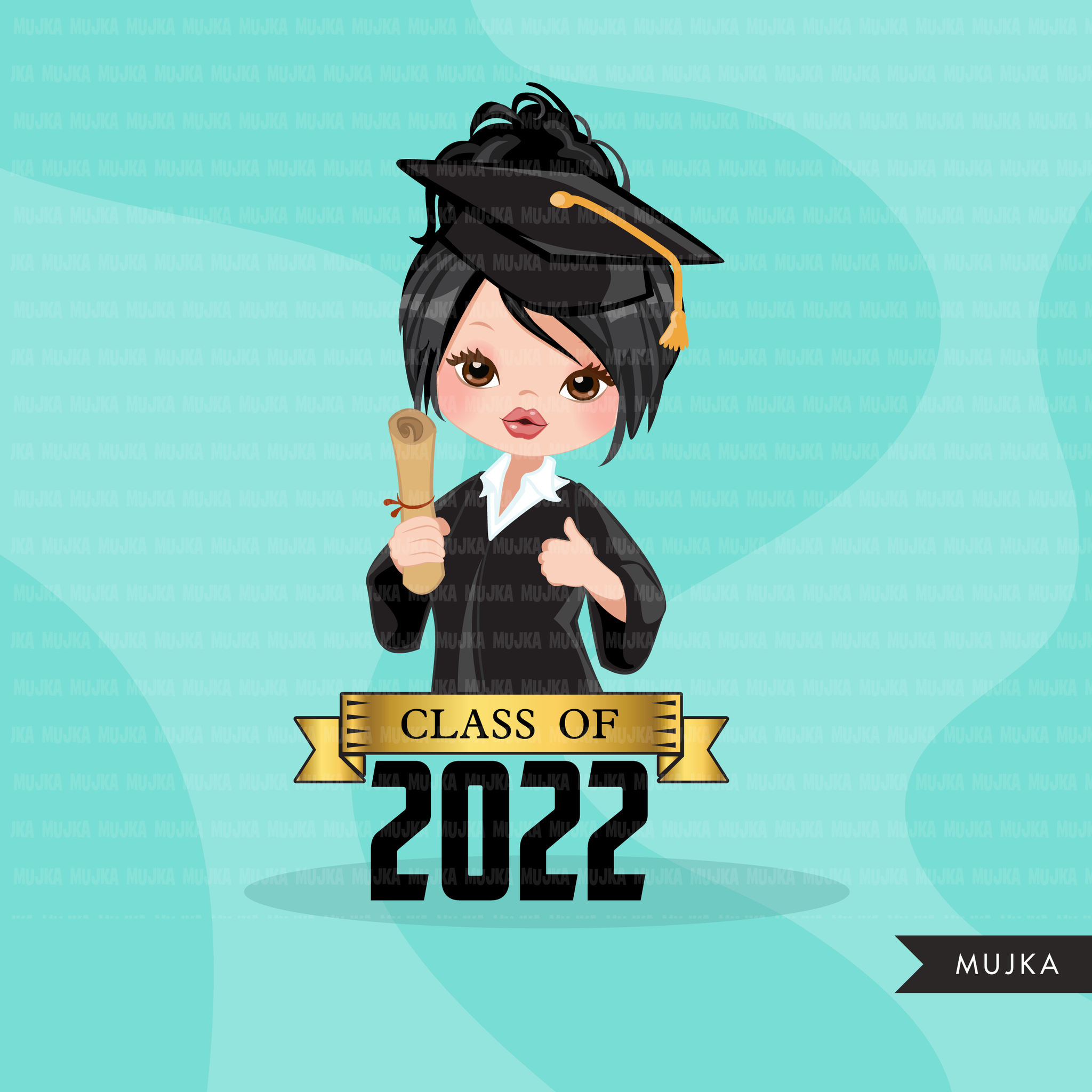 Graduation Clipart, senior graduate girls with cape and scroll, school, student class of 2022 gold banner graphics, PNG clip art