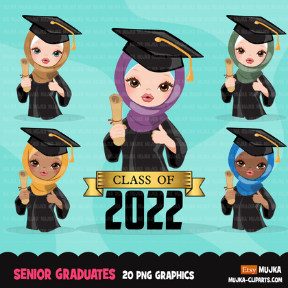 Graduation Clipart, senior graduate girls with hijab, cape and scroll, school, muslim student class of 2022 gold banner graphics, PNG