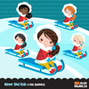 Winter sledding Kids Clipart Bundle, cute outdoors graphics tobogganing boy and girl, children snow day bundle