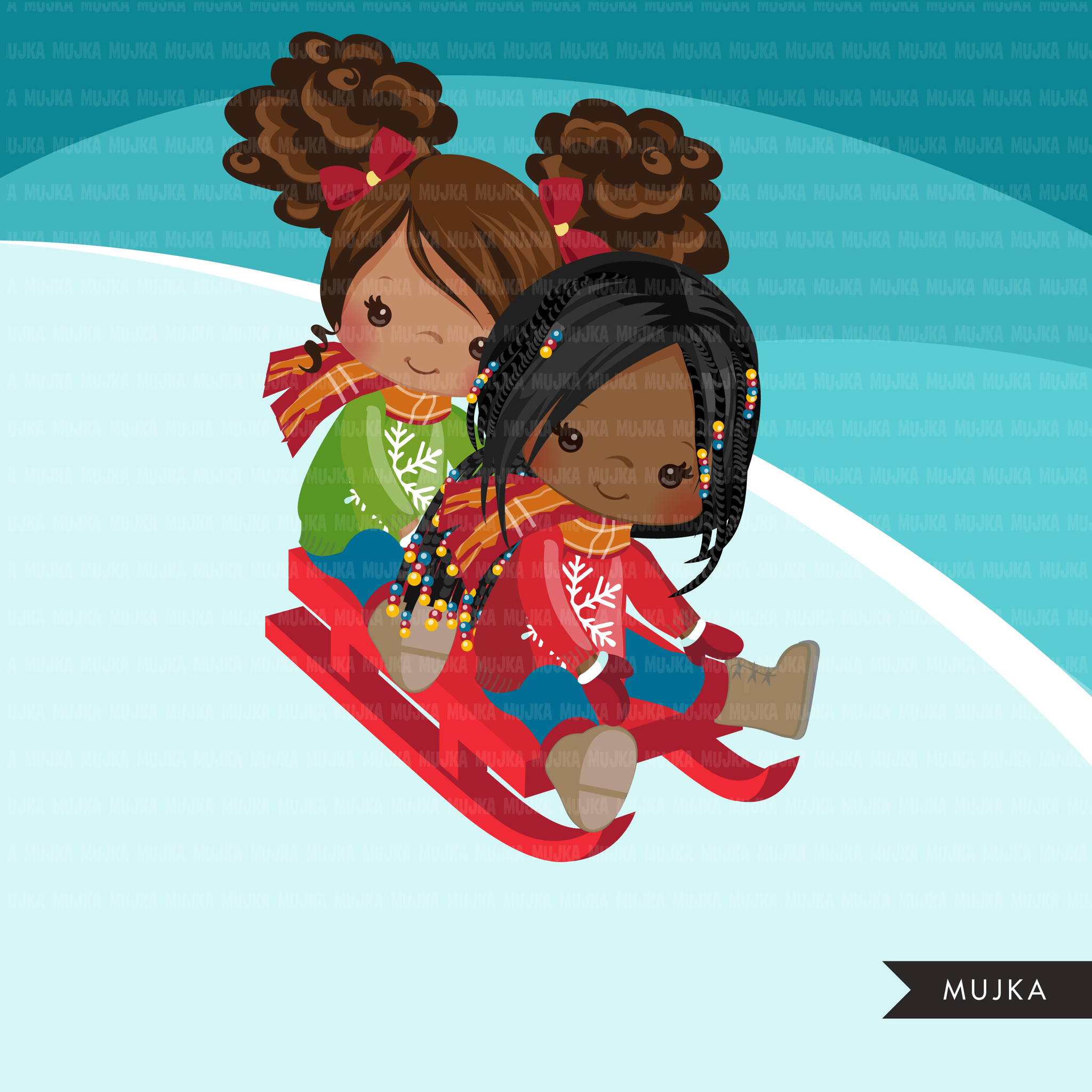 Winter sledding Kids Clipart Bundle, cute outdoors graphics tobogganing boy and girl, children snow day bundle