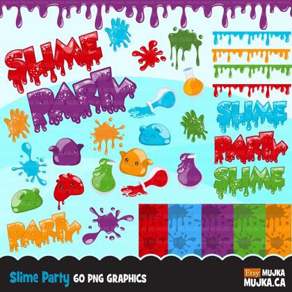Slime Party clipart Bundle. Collection of cute slime elements, colorful dripping splashes backgrounds and boy girl characters