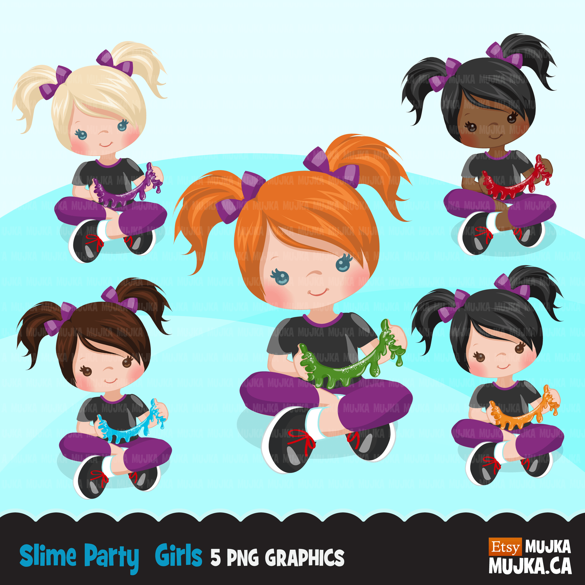 Slime Party clipart Bundle. Collection of cute slime elements, colorful dripping splashes backgrounds and boy girl characters