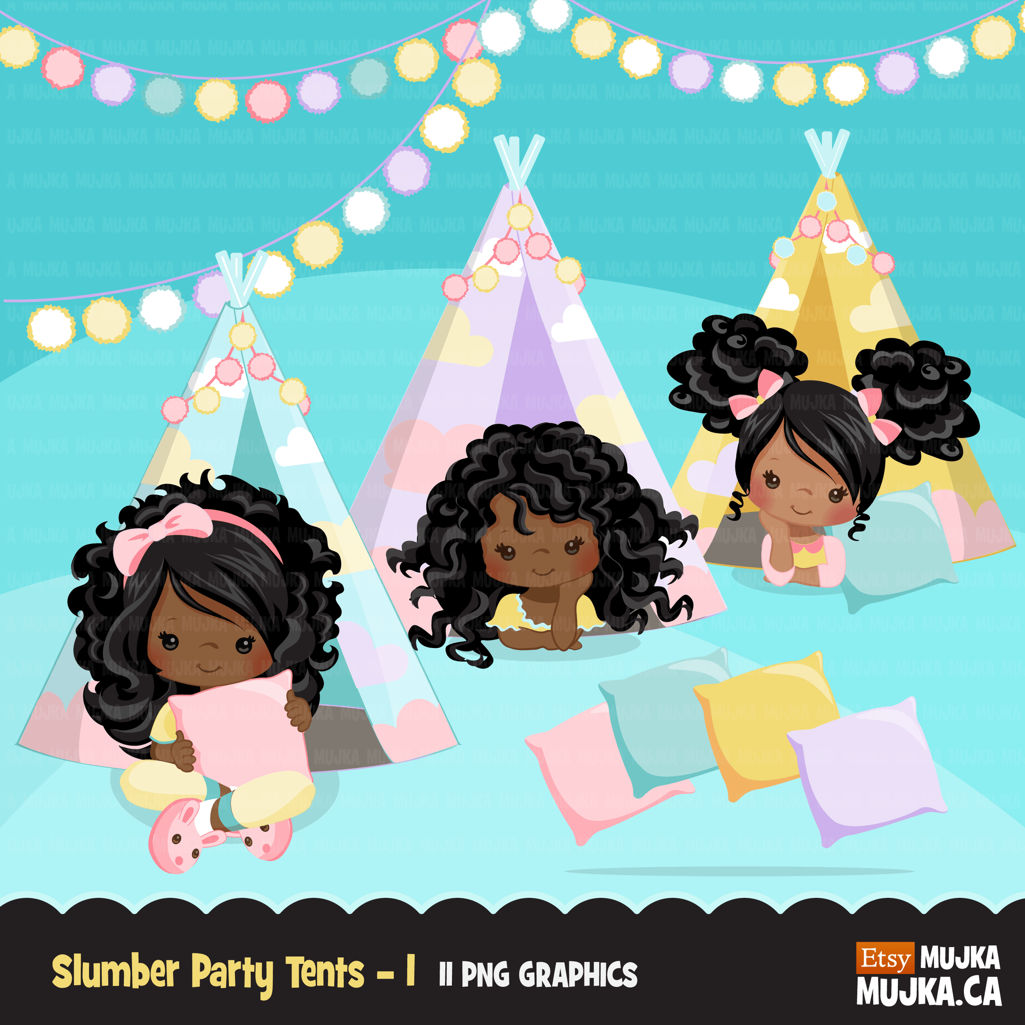 Slumber Party tents Clipart Bundle. Boys and girls sleepover graphics.