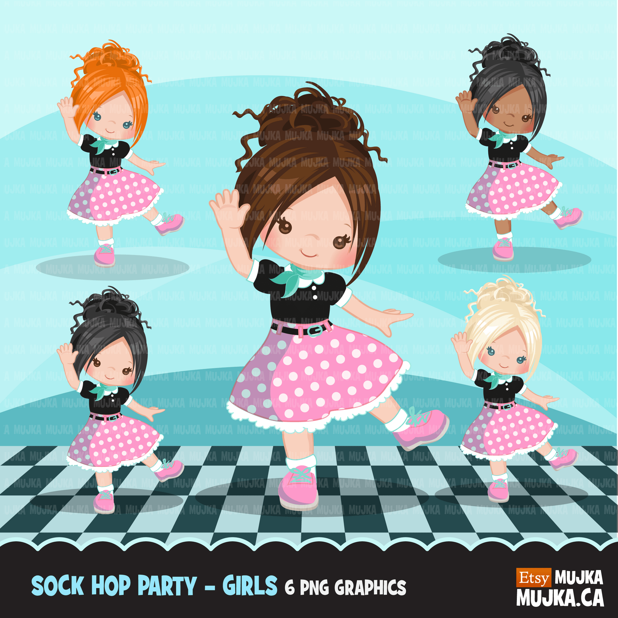 Sock Hop Clipart Bundle. Cute set of 50's diner and sock hop character ...