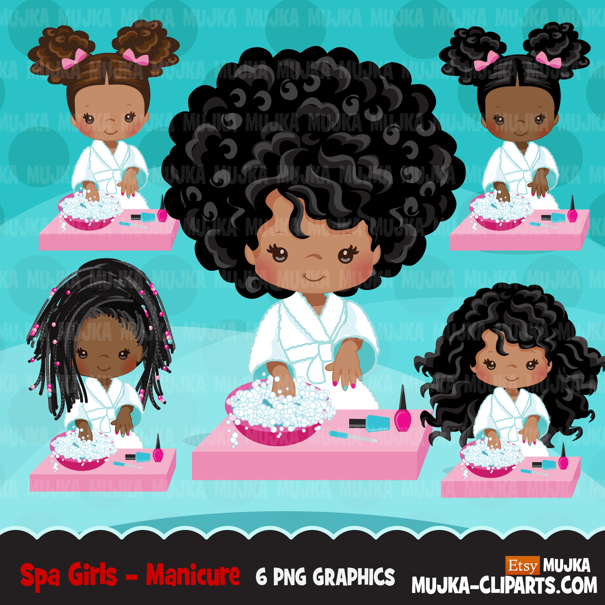 Spa Clipart Bundle. Spa birthday Party Graphics for girls, manicure, bath, nail polish, shower