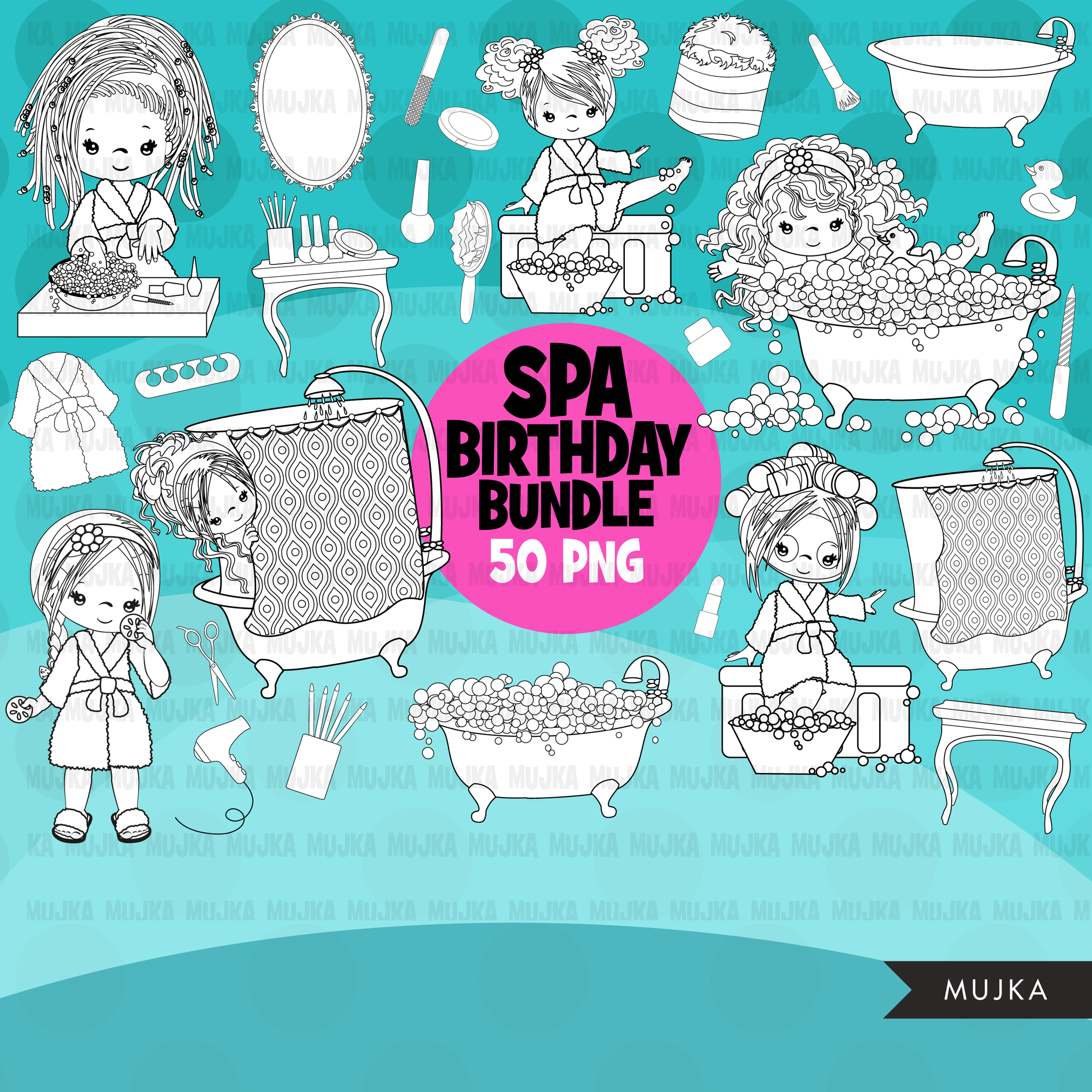 Pacote de clipart de spa. Gráficos de festa de aniversário de spa para meninas, manicure, banho, esmalte, chuveiro