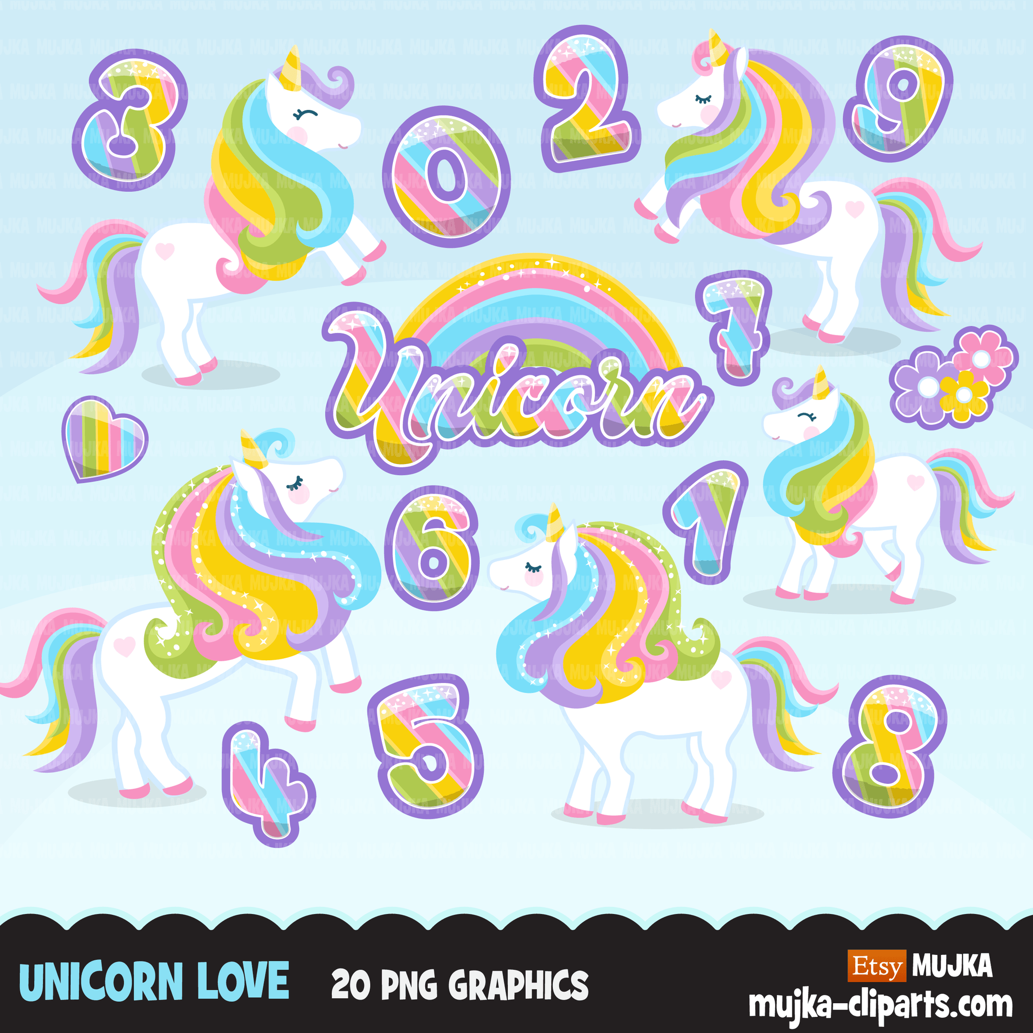 Unicornio Numeros Clipart Unicornios arcoíris con números de cumpleaños, animales de verano