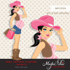 Brunette Cowgirl Pregnant Woman Character carrying gift bags Clipart. Baby Shower Party Invitation Character