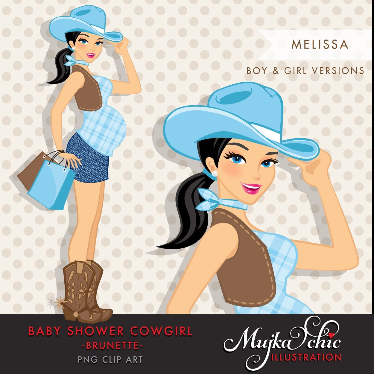 Brunette Cowgirl Pregnant Woman Character carrying gift bags Clipart. Baby Shower Party Invitation Character