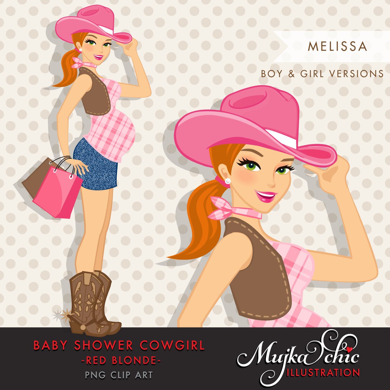 Red Blonde Cowgirl Pregnant Woman Character with gift bags Clipart. Baby Shower Party Invitation Character