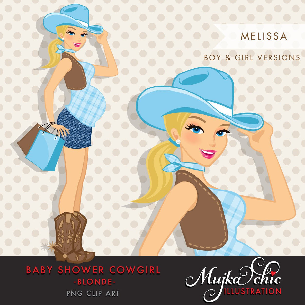 Blonde Cowgirl Pregnant Woman Character with gift bags Clipart. Baby S ...