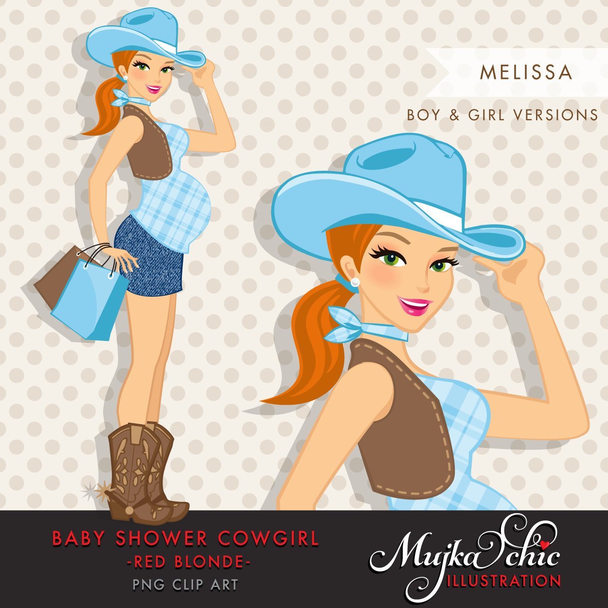 Red Blonde Cowgirl Pregnant Woman Character with gift bags Clipart. Baby Shower Party Invitation Character