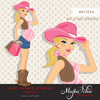 Blonde Cowgirl Pregnant Woman Character with gift bags Clipart. Baby Shower Party Invitation Character