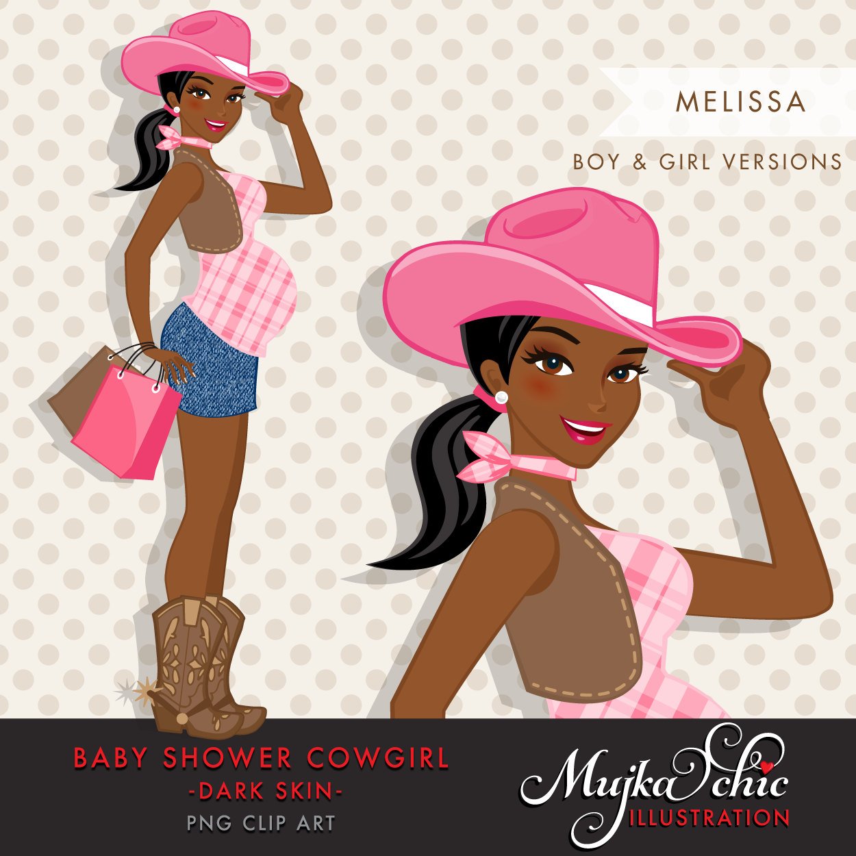 Clipart de personaje de mujer embarazada vaquera afroamericana negra. Personaje de invitación de fiesta de baby shower