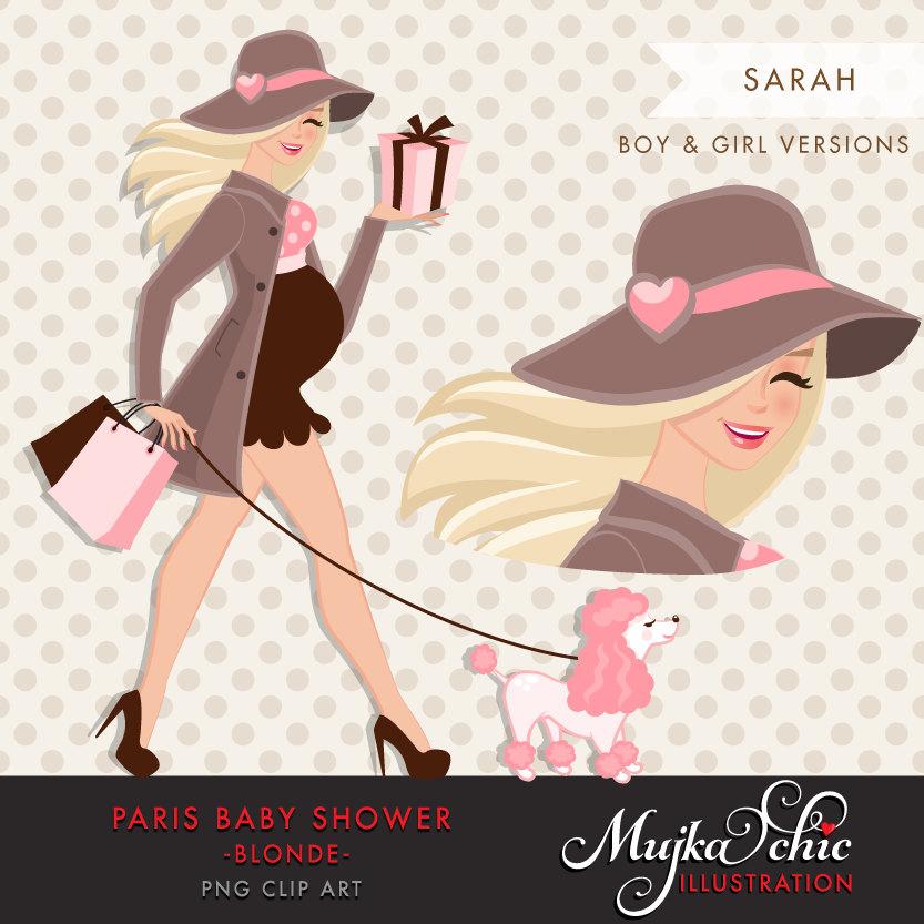 Blonde Paris pregnant mom clipart for Baby Shower and Paris Party Invitations. Paris pink poodle and gift bags, baby shower character