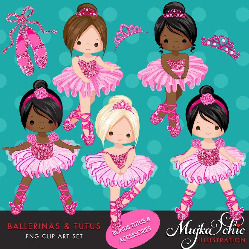 Girl Ballerinas and Tutus Hot Pink Glitter Clipart