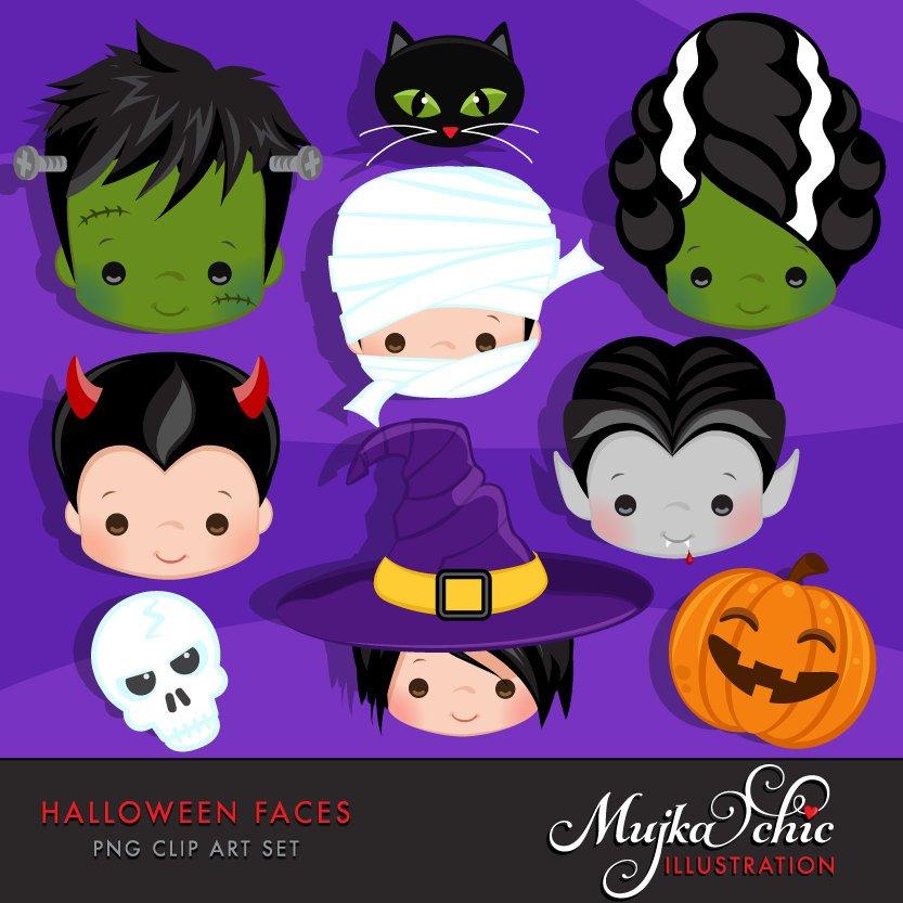 Halloween Faces Clipart. boys, Frankenstein, bride of Frankenstein, mummy, jack-o-lantern, count Dracula, black cat, witch, Devil and skull cliparts
