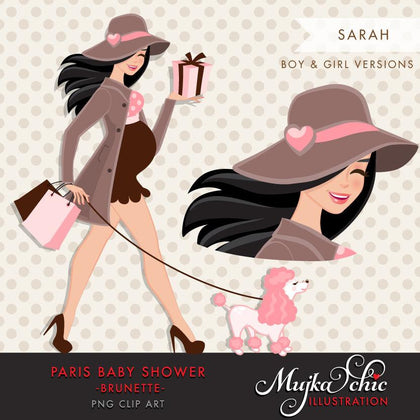 Brunette Paris pregnant mom clipart for Baby Shower and Paris Party Invitations. Paris pink poodle and gift bags, baby shower character
