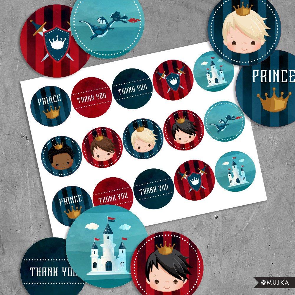 Printable Prince Birthday Stickers, Red & Blue prince cupcake toppers