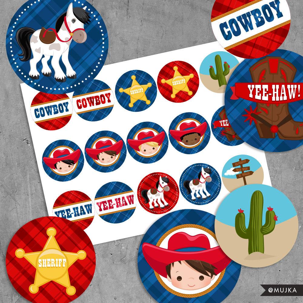 Printable Cowboy Birthday Stickers, Red & Blue Wild West Cowboys.