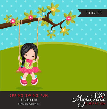 Spring Clipart, Dark brunette girl on swing