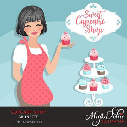 Cupcake Shop Owner Avatar. Dark Brunette woman holding a cupcake