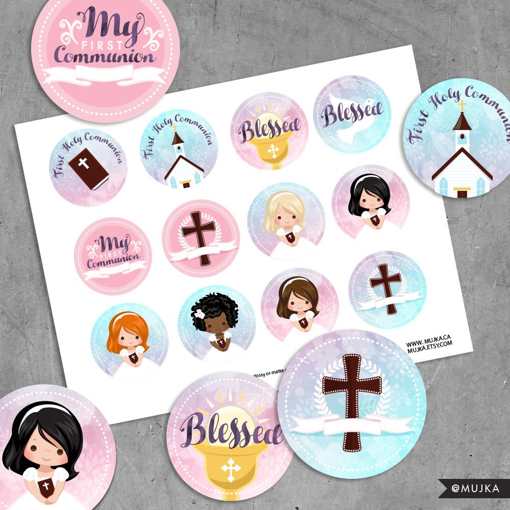 First Communion Stickers. Digital printable round stickers, cupcake toppers religious
