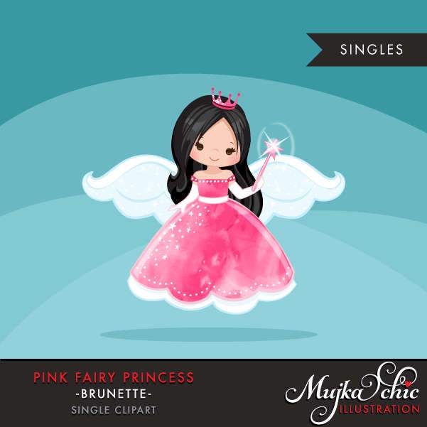 Pink fairy princess clipart, dark brunette girl