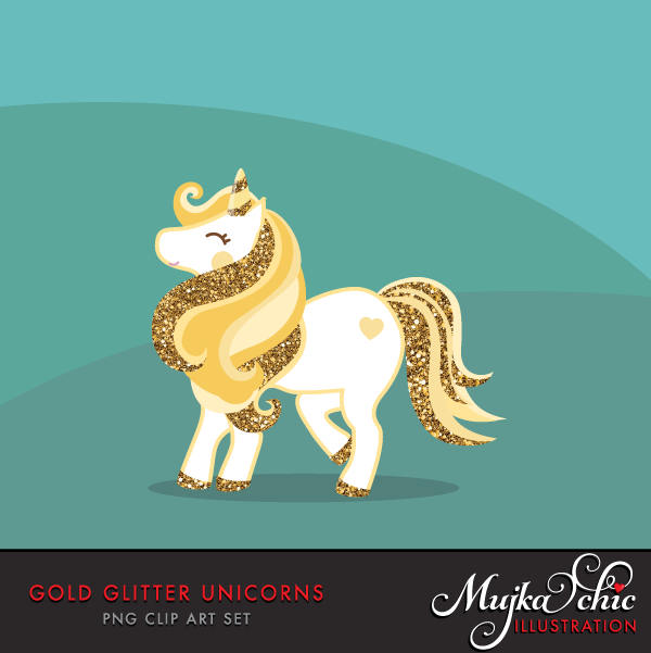 Gold Glitter Unicorn, animal Clipart spring