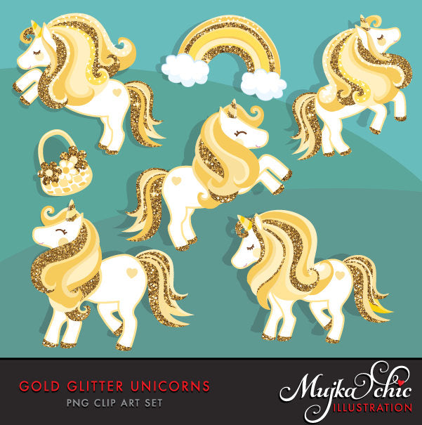 Gold Glitter Unicorn, animal Clipart spring