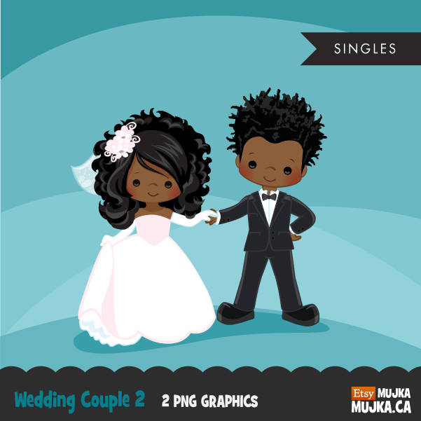 Wedding couple clipart, married black girl and boy