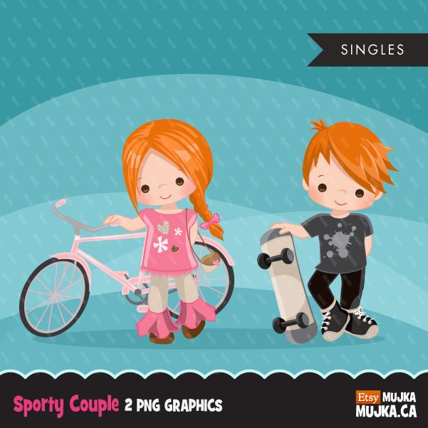 Sports couple girl with bicycle and boy with skateboard