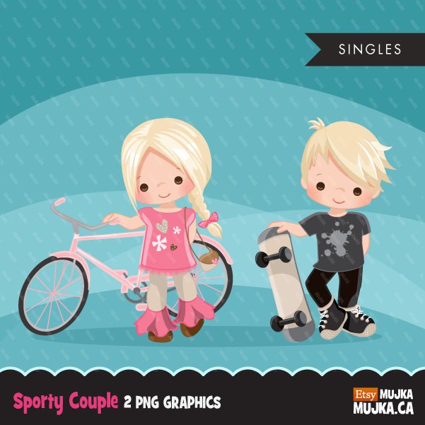 Blonde Sports couple girl with bicycle and boy with skateboard