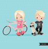 Blonde Sports couple girl with bicycle and boy with skateboard
